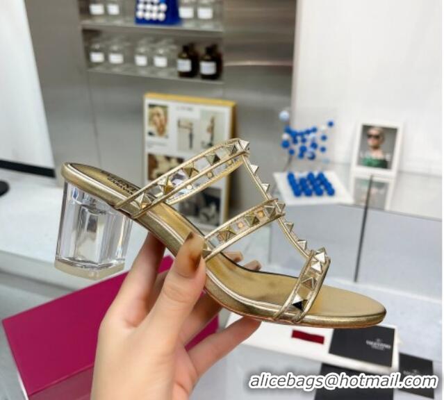 Top Design Valentino Rockstud Slide Sandals in Polymer Material with Plexi Heel 6cm Gold 613150