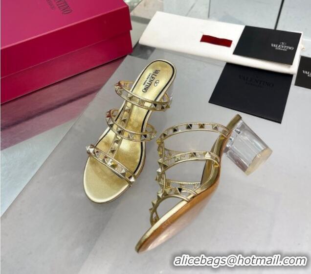 Top Design Valentino Rockstud Slide Sandals in Polymer Material with Plexi Heel 6cm Gold 613150