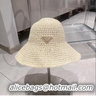 Inexpensive Prada Crochet Straw Bucket Hat 0705 Beige 2023