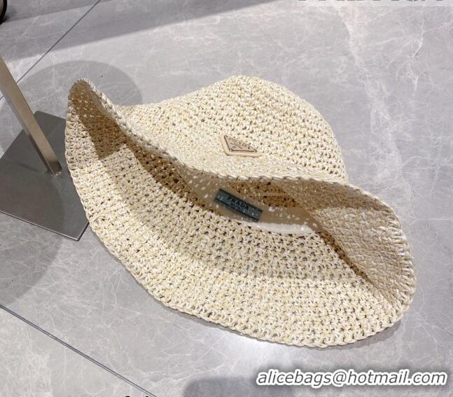 Inexpensive Prada Crochet Straw Bucket Hat 0705 Beige 2023