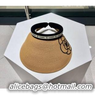 Top Design Chanel Camellia Straw Visor Hat 0705 Khaki 2023