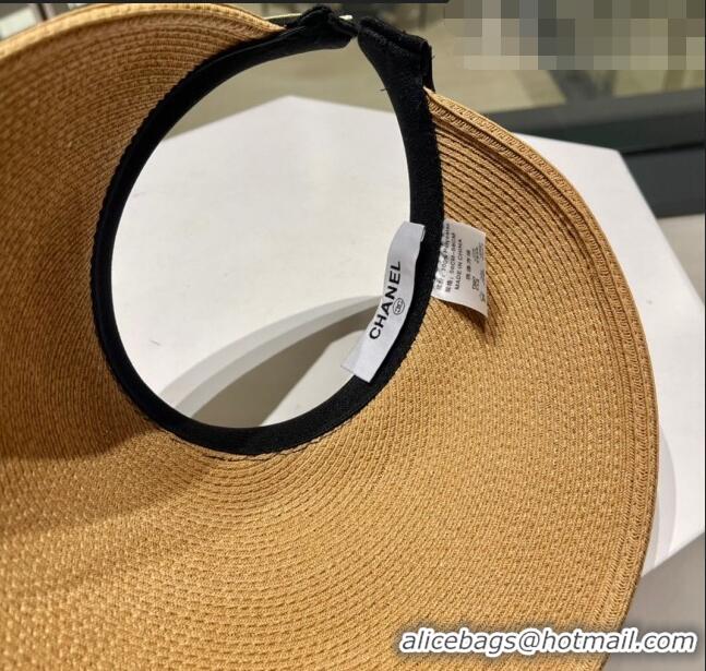 Top Design Chanel Camellia Straw Visor Hat 0705 Khaki 2023