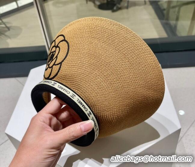 Top Design Chanel Camellia Straw Visor Hat 0705 Khaki 2023