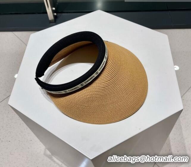 Top Design Chanel Camellia Straw Visor Hat 0705 Khaki 2023