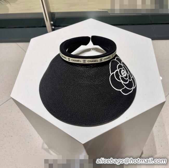 Popular Style Chanel Camellia Straw Visor Hat 0705 Black 2023