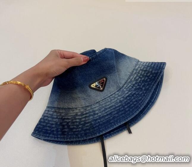 New Fashion Prada Washed Denim Bucket Hat 0706 Dark Blue 2023