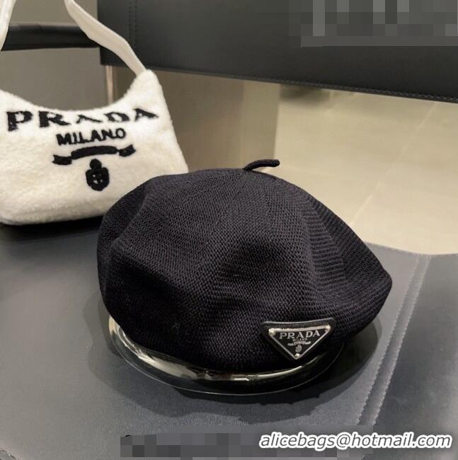 Top Design Prada Knit Beret Hat 0810 Black 2023