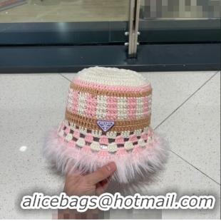 Low Cost Prada Crochet Bucket Hat with Fur Charm PR08152 Pink 2023