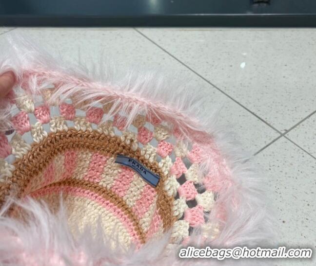 Low Cost Prada Crochet Bucket Hat with Fur Charm PR08152 Pink 2023