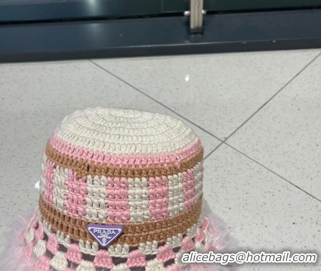 Low Cost Prada Crochet Bucket Hat with Fur Charm PR08152 Pink 2023