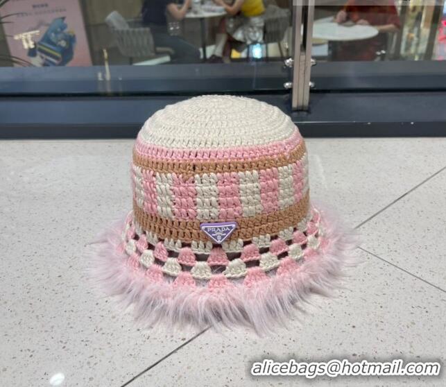 Low Cost Prada Crochet Bucket Hat with Fur Charm PR08152 Pink 2023