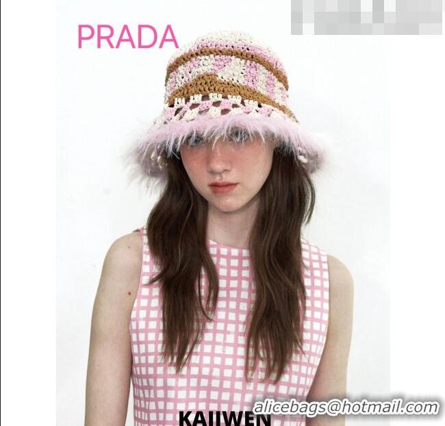 Low Cost Prada Crochet Bucket Hat with Fur Charm PR08152 Pink 2023