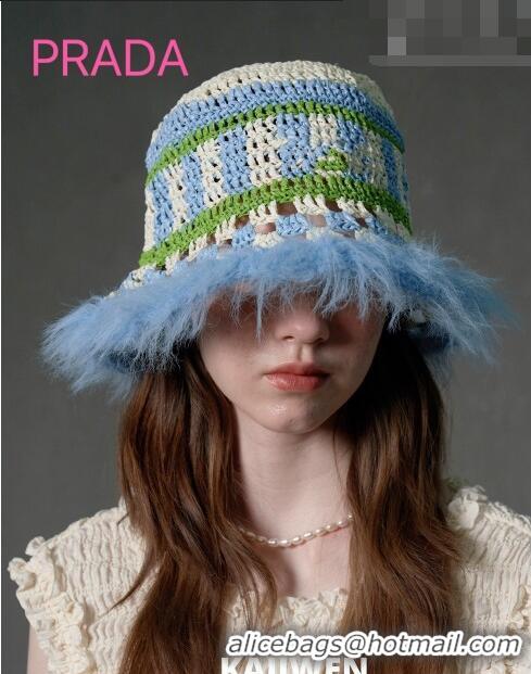 Famous Brand Prada Crochet Bucket Hat with Fur Charm PR08152 Blue 2023