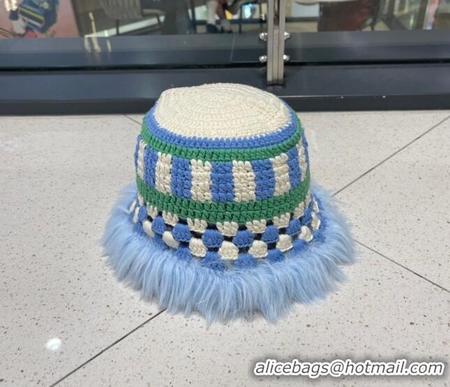 Famous Brand Prada Crochet Bucket Hat with Fur Charm PR08152 Blue 2023