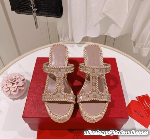 Best Price Valentino Rockstud Wedge Slide Sandals 10cm in Calfskin Dusty Pink 613160