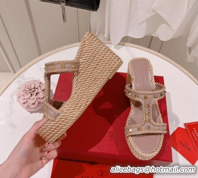 Best Price Valentino Rockstud Wedge Slide Sandals 10cm in Calfskin Dusty Pink 613160