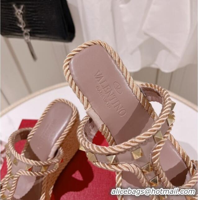 Best Price Valentino Rockstud Wedge Slide Sandals 10cm in Calfskin Dusty Pink 613160