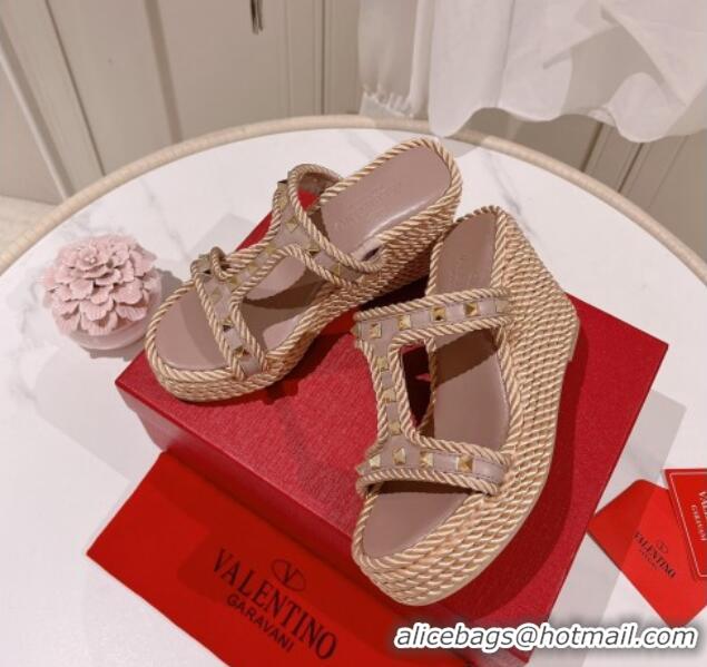 Best Price Valentino Rockstud Wedge Slide Sandals 10cm in Calfskin Dusty Pink 613160