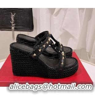 Discount Valentino Rockstud Wedge Slide Sandals 10cm in Calfskin Black 613161