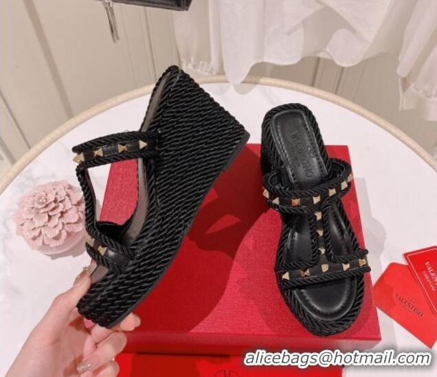 Discount Valentino Rockstud Wedge Slide Sandals 10cm in Calfskin Black 613161