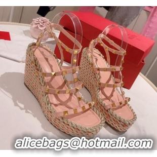 Top Design Valentino Rockstud Ankle Strap Wedge Sandals 10cm in Calfskin Pink/Gold 613163