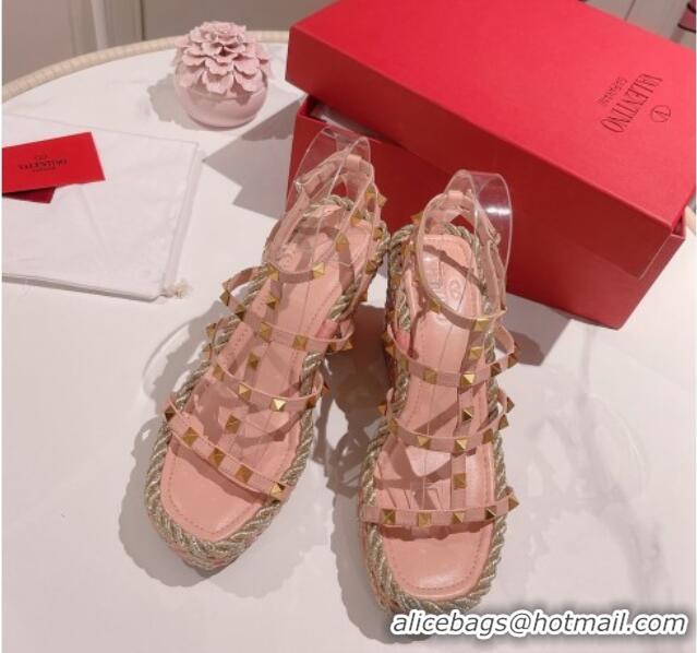 Top Design Valentino Rockstud Ankle Strap Wedge Sandals 10cm in Calfskin Pink/Gold 613163