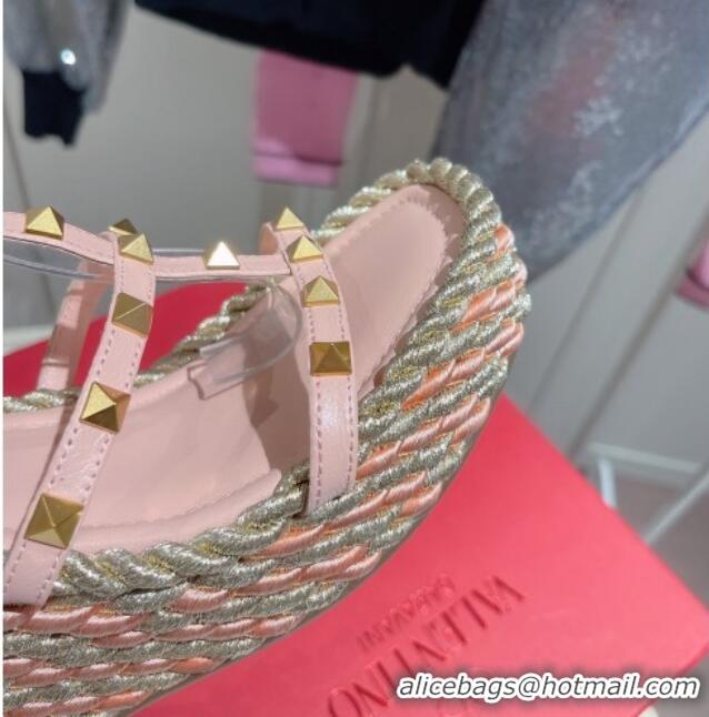 Top Design Valentino Rockstud Ankle Strap Wedge Sandals 10cm in Calfskin Pink/Gold 613163