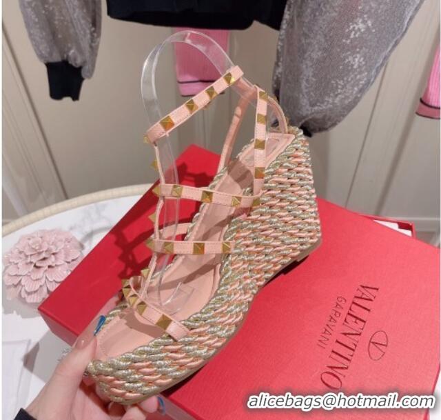 Top Design Valentino Rockstud Ankle Strap Wedge Sandals 10cm in Calfskin Pink/Gold 613163