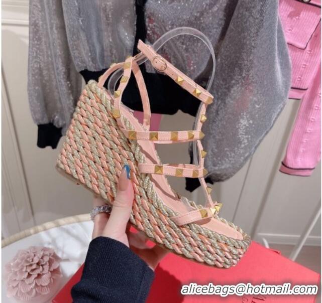 Top Design Valentino Rockstud Ankle Strap Wedge Sandals 10cm in Calfskin Pink/Gold 613163