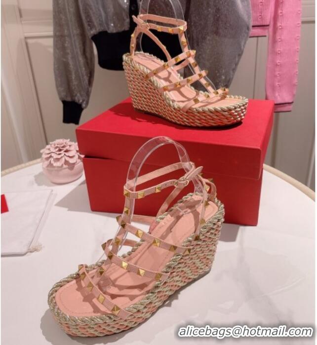 Top Design Valentino Rockstud Ankle Strap Wedge Sandals 10cm in Calfskin Pink/Gold 613163