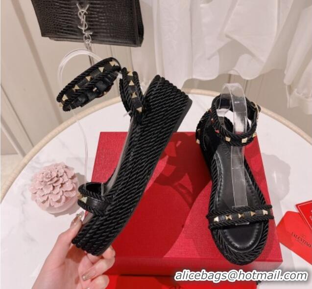 Best Grade Valentino Rockstud Flatform Sandals 6.5cm in Calfskin 613164 Black