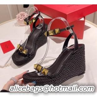 Purchase Valentino Roman Stud Wedge Sandals 10cm in Calfskin Black 613166