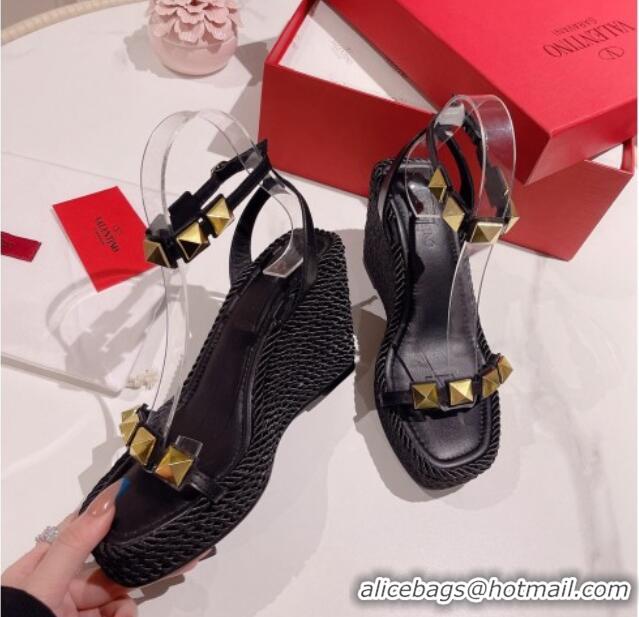 Purchase Valentino Roman Stud Wedge Sandals 10cm in Calfskin Black 613166