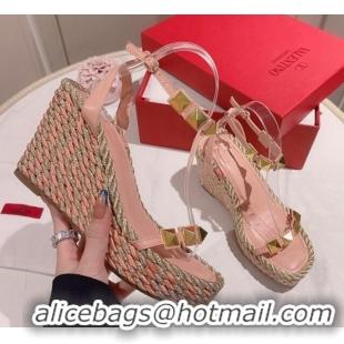 Good Quality Valentino Roman Stud Wedge Sandals 10cm in Calfskin Pink/Gold 613167