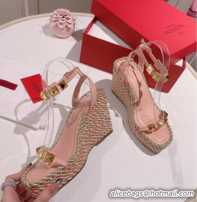 Good Quality Valentino Roman Stud Wedge Sandals 10cm in Calfskin Pink/Gold 613167