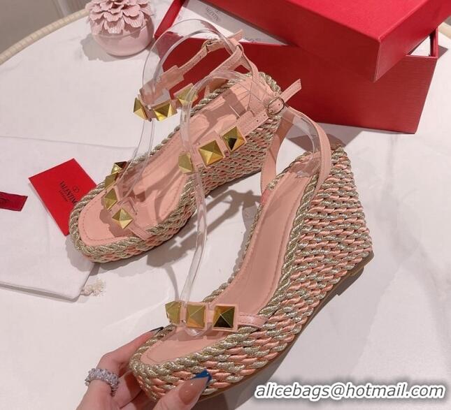 Good Quality Valentino Roman Stud Wedge Sandals 10cm in Calfskin Pink/Gold 613167