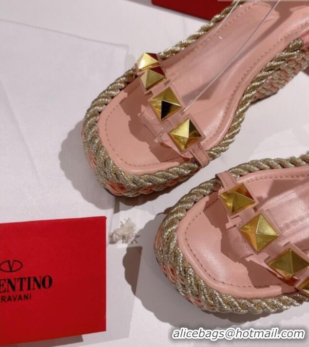 Good Quality Valentino Roman Stud Wedge Sandals 10cm in Calfskin Pink/Gold 613167