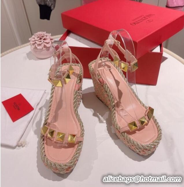 Good Quality Valentino Roman Stud Wedge Sandals 10cm in Calfskin Pink/Gold 613167