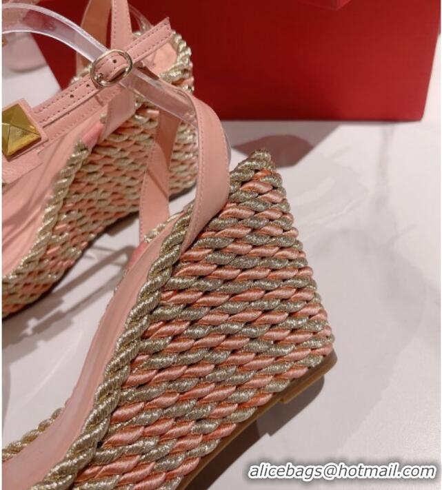 Good Quality Valentino Roman Stud Wedge Sandals 10cm in Calfskin Pink/Gold 613167