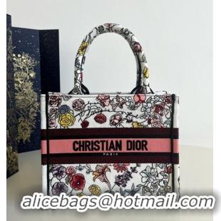 Top Grade SMALL DIOR BOOK TOTE White Multicolor Florilegio Embroidery M1296ZRG