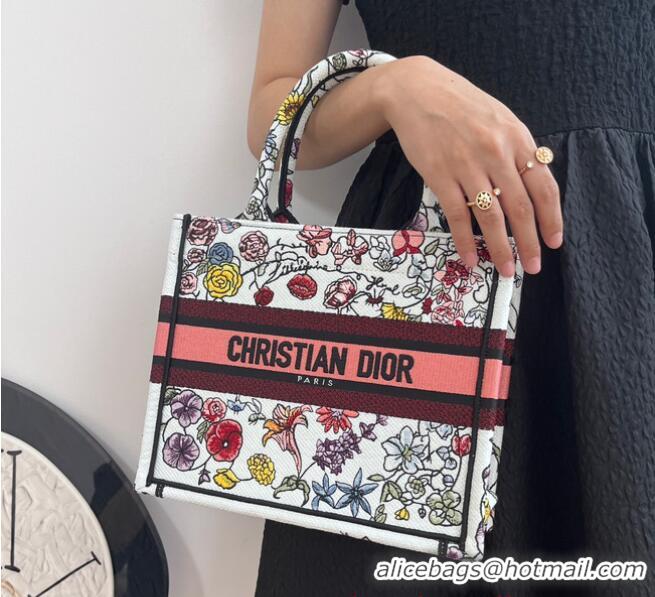 Top Grade SMALL DIOR BOOK TOTE White Multicolor Florilegio Embroidery M1296ZRG