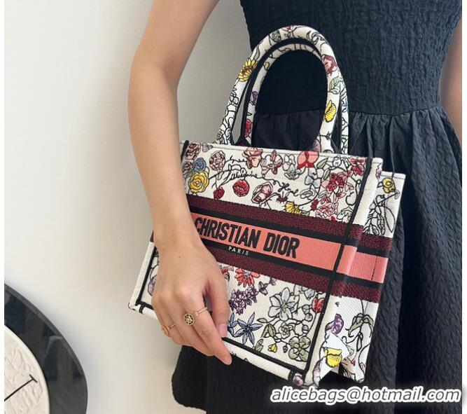 Top Grade SMALL DIOR BOOK TOTE White Multicolor Florilegio Embroidery M1296ZRG