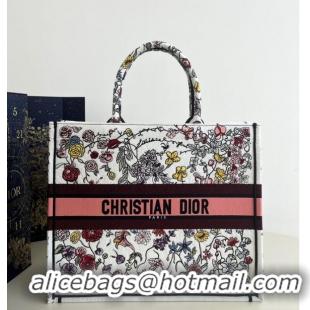 New Design LARGE DIOR BOOK TOTE White Multicolor Florilegio Embroidery M1286ZEMF