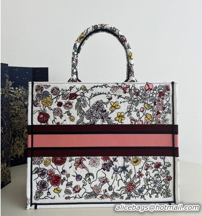 New Design LARGE DIOR BOOK TOTE White Multicolor Florilegio Embroidery M1286ZEMF