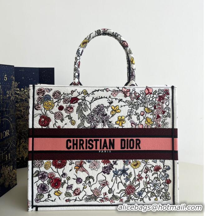 New Design LARGE DIOR BOOK TOTE White Multicolor Florilegio Embroidery M1286ZEMF