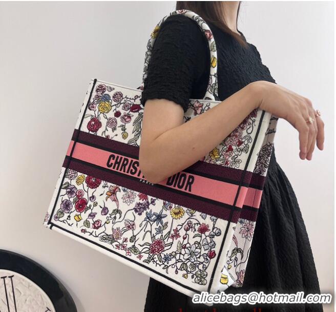 New Design LARGE DIOR BOOK TOTE White Multicolor Florilegio Embroidery M1286ZEMF