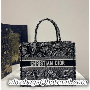 Unique Style MEDIUM DIOR BOOK TOTE Black and White Plan de Paris Embroidery M1296ZOMP