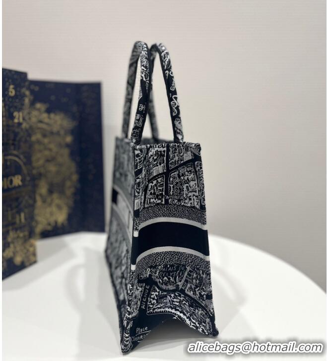 Unique Style MEDIUM DIOR BOOK TOTE Black and White Plan de Paris Embroidery M1296ZOMP