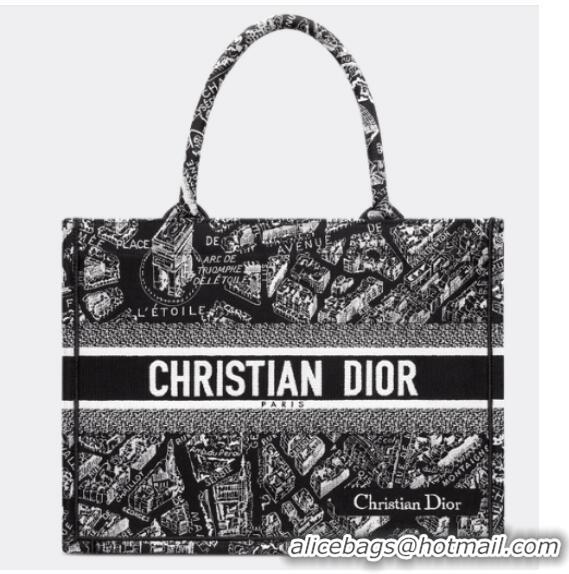 Unique Style MEDIUM DIOR BOOK TOTE Black and White Plan de Paris Embroidery M1296ZOMP