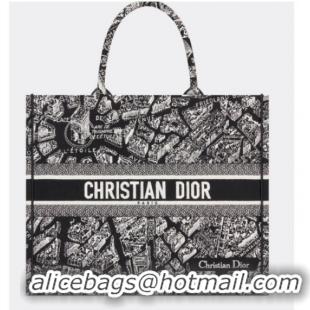 Top Grade LARGE DIOR BOOK TOTE Black and White Plan de Paris Embroidery M1286ZOMP